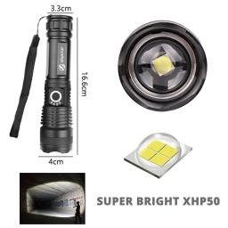 Lanterna LED de alta potência para acampar, tocha com 4 núcleos, lâmpada P50, zoomable, 5 modos de iluminação, uso de alta resistência, liga de alumínio - Image 3