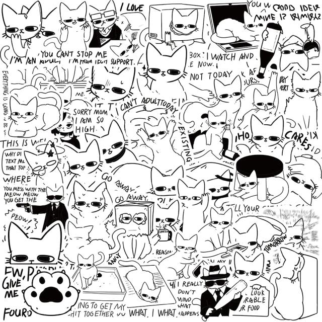 50 Pçs Adesivo Gatinho Meme PVC 4-6cm para Bagagem e Skate