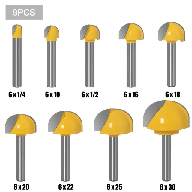Conjunto de Bits de Router com Ponta Redonda, Fresas de Carboneto para Madeira, Ferramentas de Corte CNC, Variadas de 6 a 30mm de Shank