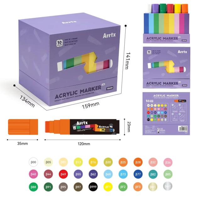 Arrtx 10/30 cores marcadores de tinta acrílica 15mm marcadores de ponta de feltro jumbo à prova d' água suprimentos de arte não tóxicos para pintura em rocha diy