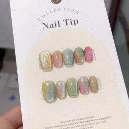 Curtas falsas unhas de acrílico, laser, arco-íris, olho de gato, feito à mão, pressione, artificial, cobertura completa, manicure, 10pcs - Image 3