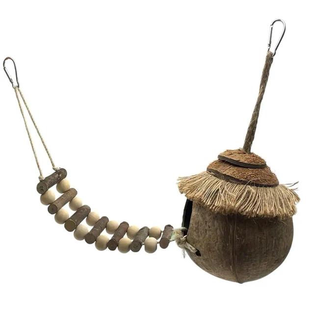Casa de Ninho Natural para Pássaros em Casca de Coco com Escada, Alimentador e Brinquedo para Papagaios