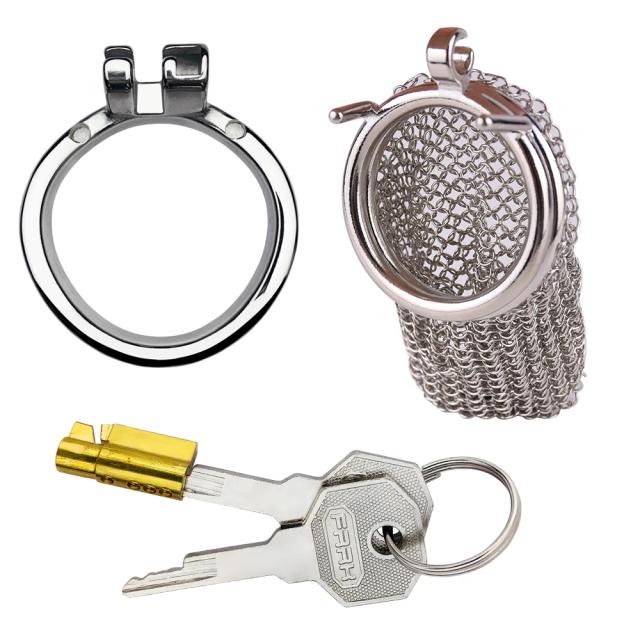 FRRK Gaiola de Castidade Malha Oca com Cinto PU Aço Inoxidável - Bloqueio de Pau BDSM