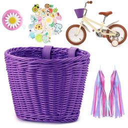 Cesta de bicicleta vime vime rattan cesta de armazenamento da frente bell borla adesivo bicicleta saco de transporte cesta bicicleta ciclismo acessórios - Image 1