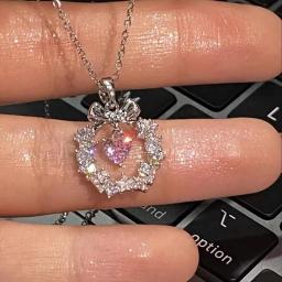 Colar pingente de coração de cristal zircão para mulheres Y2K Pink Heart, elegante corrente de clavícula feminina, joalheria, moda coreana - Image 2