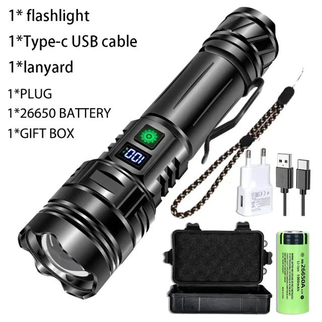 Lanterna LED Recarregável de Alta Potência com Zoom para Camping e Emergências ao Ar Livre