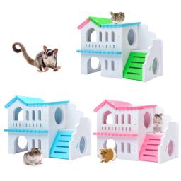 Hamster casa de madeira aninhamento habitat pequenos animais coloridos jogar cabana villa mastigar brinquedos para hamster anão sono 2 cores gaiola de rato - Image 2