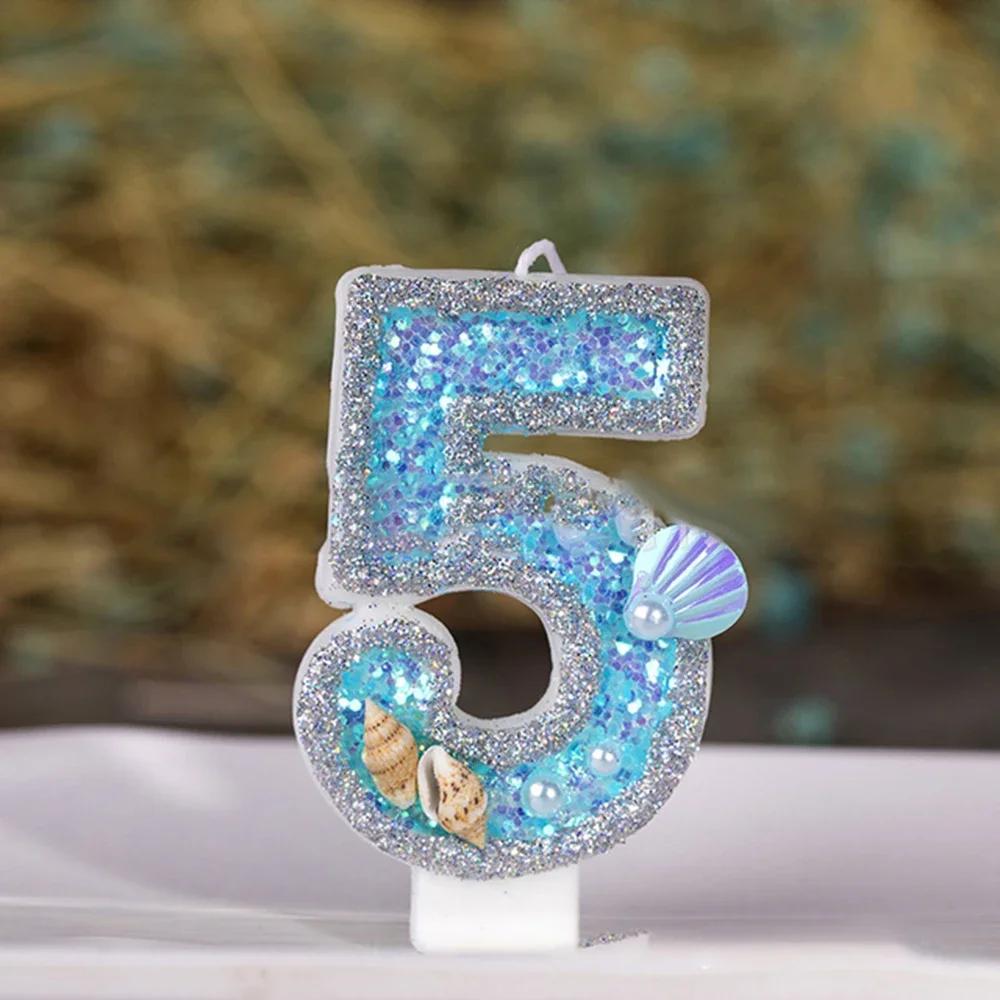 Velas do aniversário com Glitter Número, Toppers Do Bolo, Shell Azul, Decoração Do Casamento, Bolos Digitais, Decoração De Sobremesa, 1PC - Image 1