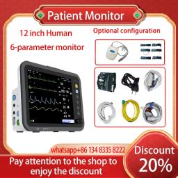 Monitor de 6 parâmetros de uso humano/vet, tela fina de 12 polegadas, ecg/nibp/pr/spo2/resp/temperatura, monitor de pacientes, monitor de sinais vitais - Image 1