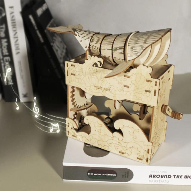 Caixa de Música de Madeira em 3D - Modelo de Baleia para Montagem, Brinquedo Enigmático Ideal para Aniversários e Presentes de Natal