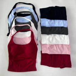 Halter superior com tiras sutiã shorts conjunto yoga estiramento ginásio conjunto feminino roupas de treino sem costura sem costas colete hip-lifting leggings shorts - Image 1