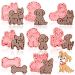 Cortadores De Biscoito De Cão Com Conjunto De Pistão, 3D Puppy Osso Forma Biscuit Mold, Desenhos Animados Em Relevo Cookie Stamps, Ferramentas De Cozimento Do Bolo DIY, 8Pcs - Image 1
