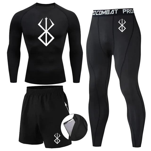 Conjunto Fitness Masculino Anime Berserk: Camiseta, Calças e Shorts para Treino de Ginástica