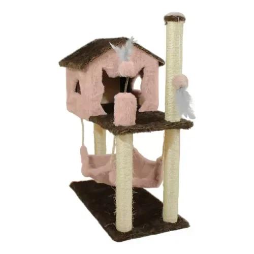 Casa de Arranhar Aconchegante para Gatos com Rede de Sisal, Poste Dobrável e Brinquedos de Mouse e Penas para Diversão e Higiene