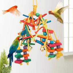 Madeira papagaio pássaro brinquedos pendurado corda escada para animais de estimação multicolorido corda de algodão de madeira pássaros mascar brinquedo treinamento pendurar balanço suprimentos para animais de estimação - Image 6