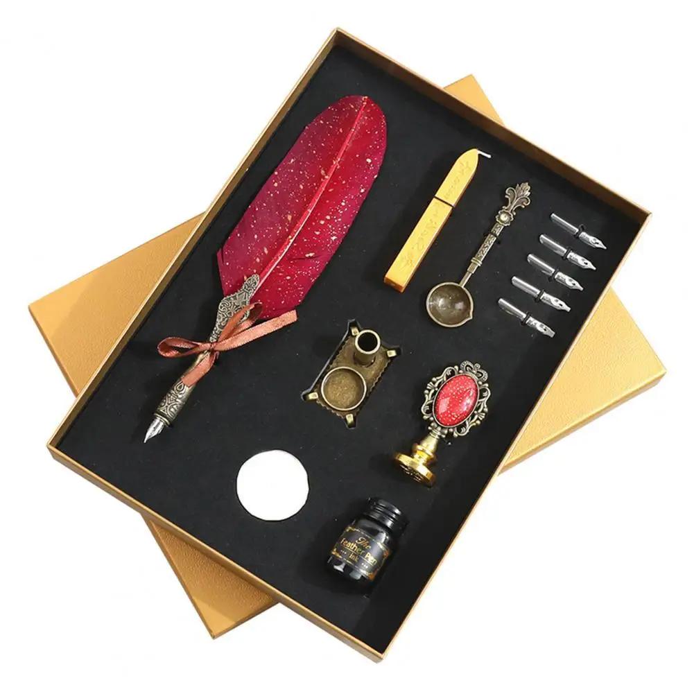 1 conjunto caneta quill conjunto caneta pena do vintage kit multifuncional escrita suave caligrafia decorativa conjunto caneta estudante crianças presentes - Image 1