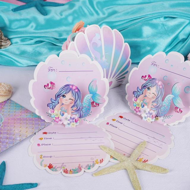 Convites de Aniversário de Sereia para Meninas com Fontes Peroladas 3D para Decorações Marinhas