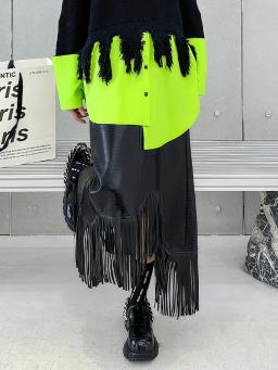 Cintura elástica franja saia preta na moda roupas femininas elegante cintura alta a linha saias de couro y2k 2025 verão novo - Image 2