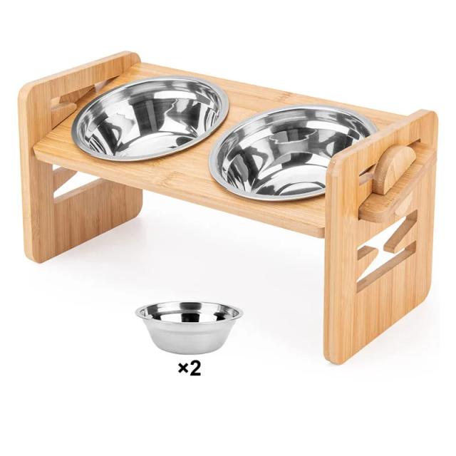 Tigelas Elevadas de Bambu Ajustáveis para Cães e Gatos: Suporte Prático para Alimentação e Hidratação de Animais Pequenos e Médios