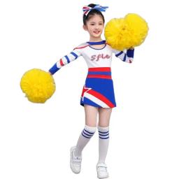 Fato de torcida azul manga comprida feminino, roupa de dança cheerleader, estilo retalhamento decote redondo, uniforme pompons para crianças, menina - Image 4