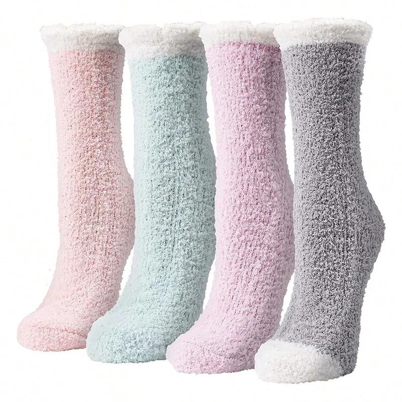 4 pares mulheres inverno quente meias felpudas grosso térmico sólido macio meias fofas bonito moda chinelo casa chão dormir meias - Image 1