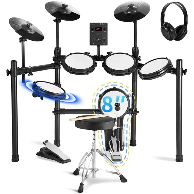 Bateria Eletrônica Snare Drum Set com Dupla Zona, Pedal Independente e Pads de Malha Silenciosos, Ideal para Iniciantes com 3 Pratos com Choke