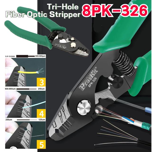 Alicate de Descascamento 8PK-326 para Fibra Óptica FTTH com Tri-Furo e Braçadeira 8PK-326