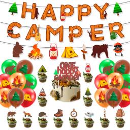 Decorações de festas temáticas, Happy Camping Banner, 3D Bonfire Camping Theme, Balão de látex, Menino, Menina, Aventureiro, Caminhadas - Image 1