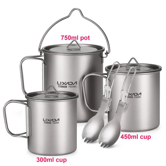 Conjunto de Utensílios de Mesa de Titânio para Acampamento: Copo D'Água com Tampa Dobrável e Spork Ideal para Caminhadas e Mochilas