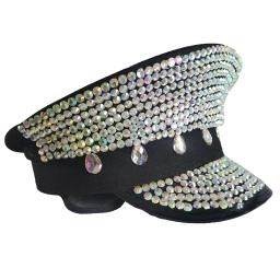 Punk lantejoulas brilhantes strass chapéu militar novidade brilhante sargento chapéu capitão boné festa carnaval chapéus planos desempenho boné - Image 6