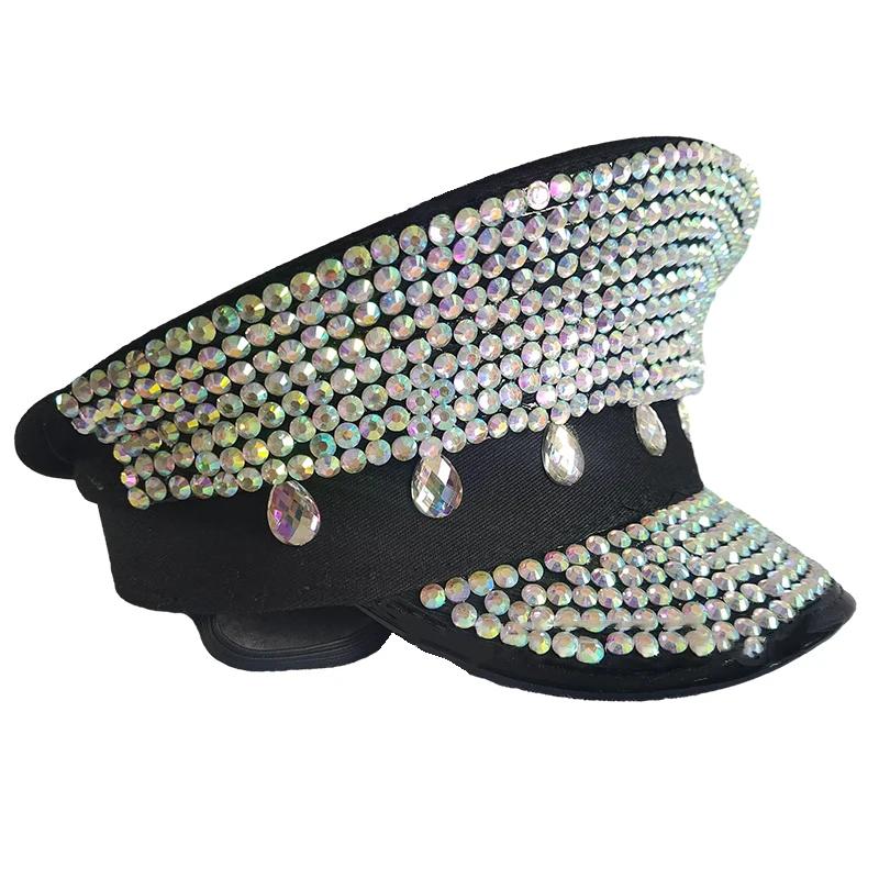 Punk lantejoulas brilhantes strass chapéu militar novidade brilhante sargento chapéu capitão boné festa carnaval chapéus planos desempenho boné - Image 1