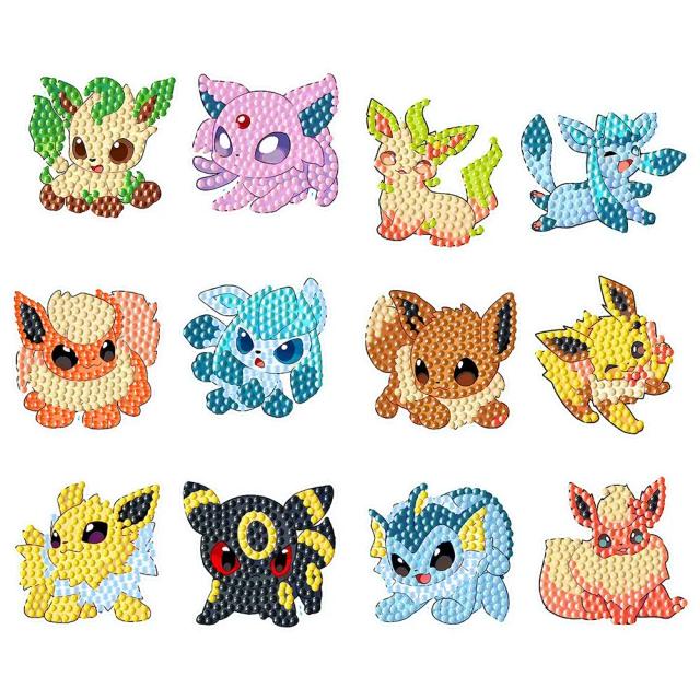 Kits de Adesivos de Pintura em Diamante Pokémon - 12 Peças para Crianças, DIY e Decoração Artesanal