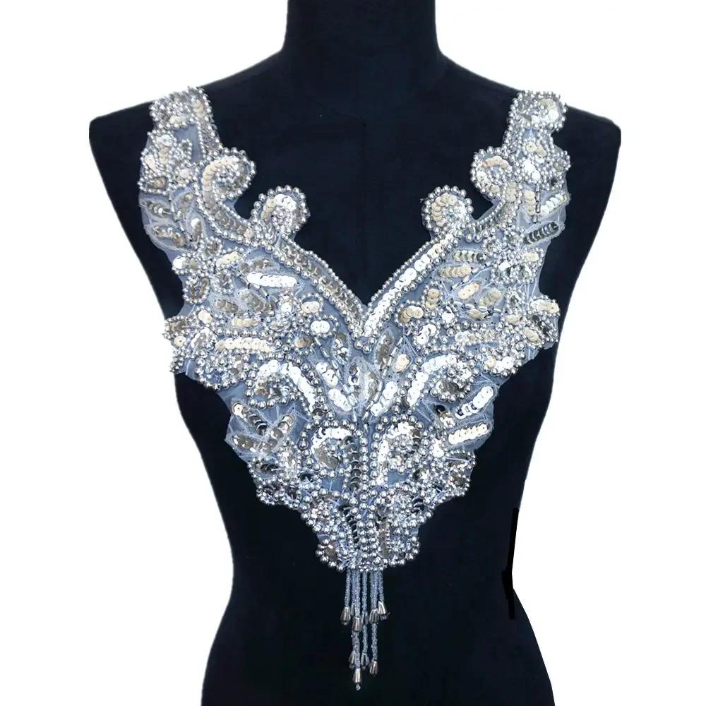 Ouro e prata arco-íris lantejoulas grânulos tecido colarinho apliques, costurar no remendo, nobre bordado, barroco, decoração do casamento, vestido, bricolage - Image 1