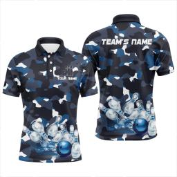Camisa polo masculina impressa em 3D, azul Camo Bowling Custom Name, Casual Bowling Jersey, presente para jogadores de boliche, verão, rua, WK51 - Image 1