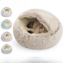Almofada de pelúcia redonda para animais de estimação, cesta quente, saco de dormir, ninho de gato, canil, casinha, inverno, 2 em 1 - Image 1