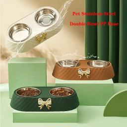 Suprimentos para animais de estimação gravata borboleta tigela de comida para gatos base pp tigela para cães de aço inoxidável dupla camada acessórios para animais de estimação alimentação e beber arco duplo - Image 1