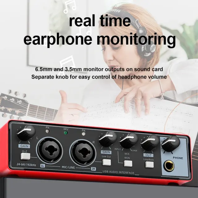 Interface de Áudio Profissional com Display e Mixer para Gravação de Guitarra Elétrica em Estúdio - 2 Canais, 24 Bits