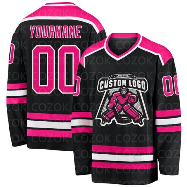 Jersey Personalizado de Hóquei no Gelo para Homens e Mulheres - Camisa de Treinamento Competitivo com Impressão 3D do Seu Nome e Número em Preto e Rosa