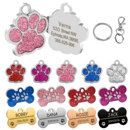 Tags personalizadas do cão gravado gato filhote de cachorro animal de estimação id nome colar tag pingente acessórios para animais de estimação osso/pata glitter - Image 1