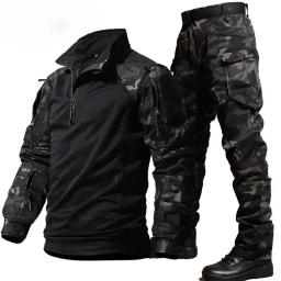 Conjuntos táticos ao ar livre roupas masculinas camisas multi-bolso + calça de carga reta 2pc ternos camo resistente ao desgaste conjunto tático à prova de vento - Image 1