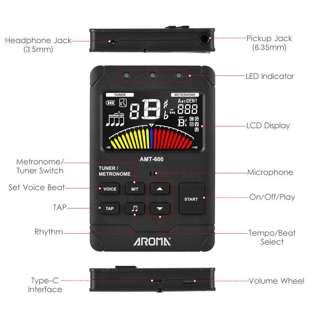 Afinador de Guitarra Aroma Amt-600: Metrônomo e Gerador de Tons Recarregável com LCD Colorido de 2,5 Polegadas para Instrumentos de Cordas