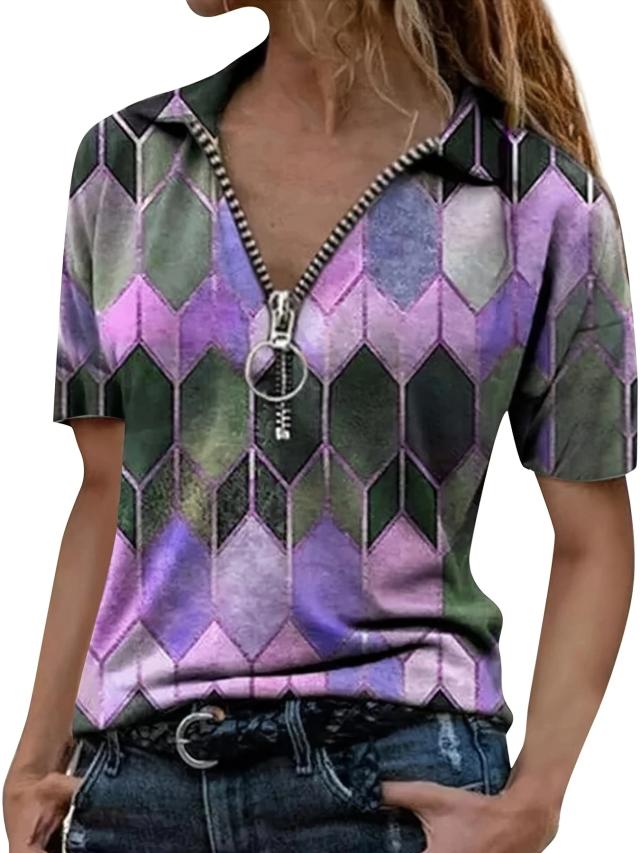 Camisa Polo Feminina Versátil com Zíper Elegante e Design Geométrico para Conforto e Estilo em Qualquer Estação