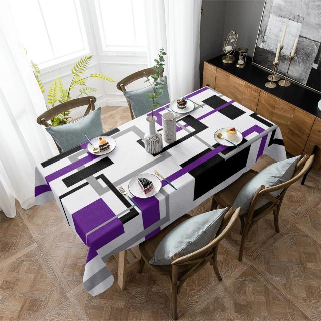 Toalha de Mesa Quadrada Geométrica Abstrata em Preto e Roxo, Impermeável e Moderna para Decoração de Festas e Cozinhas