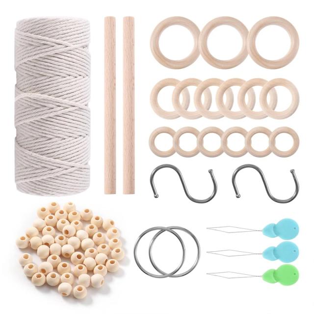 Kit Completo de Macramé: Cordão de Algodão com Ganchos, Contas, Corda de Madeira e Cabides para Plantas