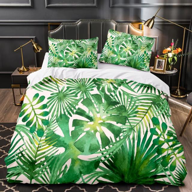 Conjunto Completo de Cama Rainha com Folhas Verdes Tropicais em Poliéster - Capa de Edredão e Consolador 2/3 Peças