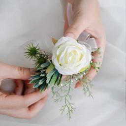Marfim Rose pulso Corsage para homens, pulseira, boutonniere branco, acessórios flor do casamento, decorações de baile, banda, 2pcs - Image 2