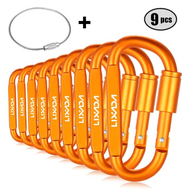 Conjunto de 9 Clips Mosquetão com D-Ring em Alumínio e Parafuso de Bloqueio para Chaveiro e Ferramentas de Outdoor