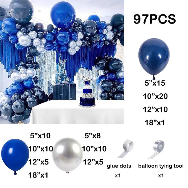 Conjunto de Arco de Balões de Látex em Azul Royal e Prata para Decoração de Festas, Casamentos e Chás de Bebê