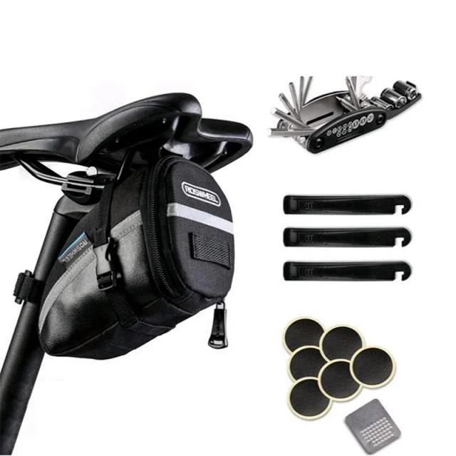 Kit Completo de Ferramentas para Reparação de Bicicletas com Bolsa para Selim - Acessórios MTB e Patches para Pneus