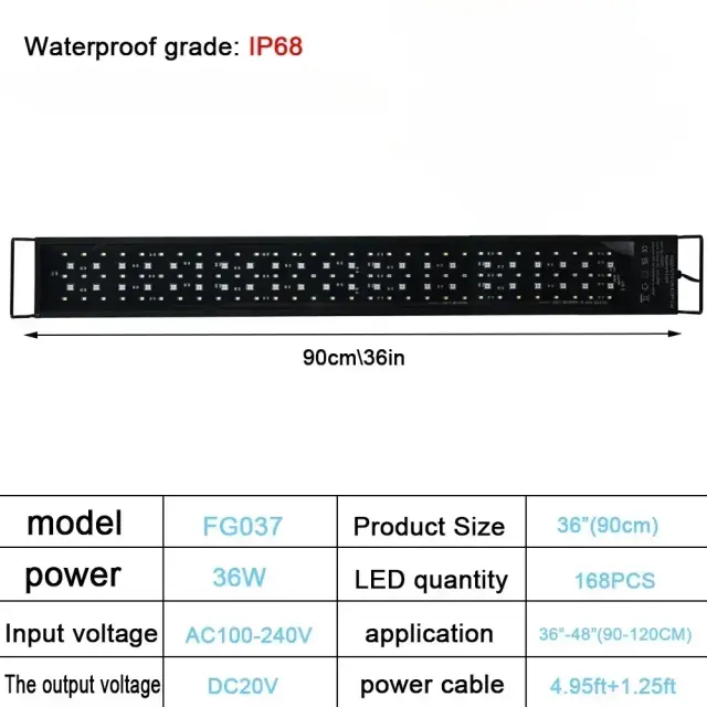 Lâmpada LED para Aquário com Dimmer e Espectro Completo, Auto On/Off, IP68 Impermeável, 75-90cm, Iluminação DIY 24/7